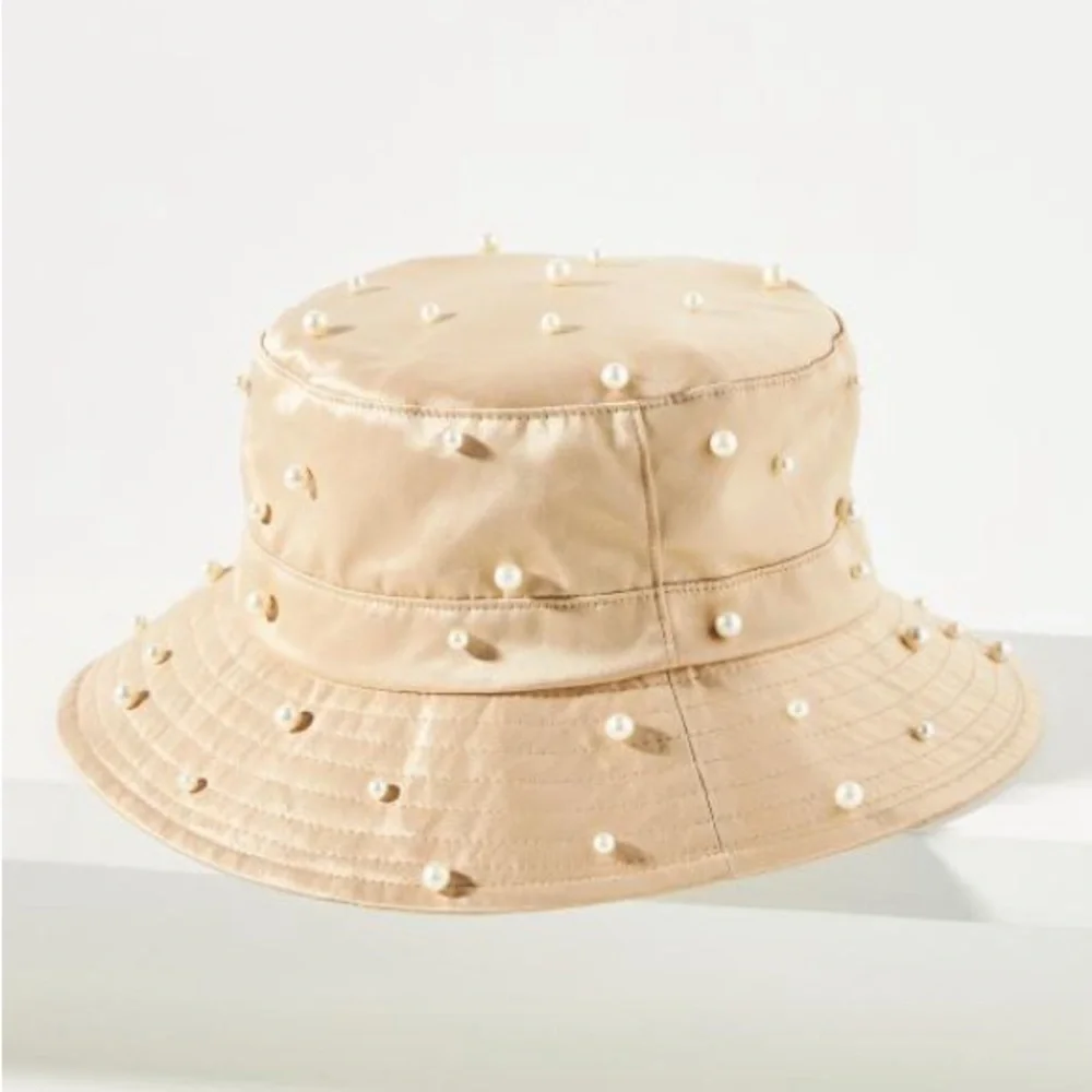 Anthropologie Wyeth Beige Pearl-Embellished Bucket Hat